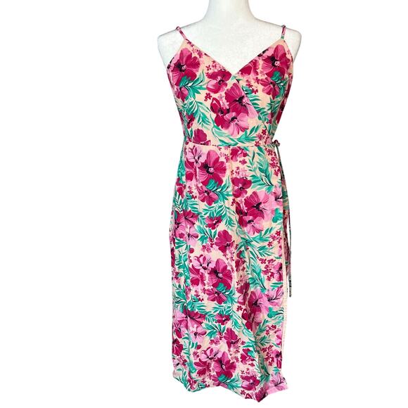 J Crew Factory Pink Tropical Floral Sleeveless Wrap Dress 6 Sundress Resortwear - Picture 1 of 5